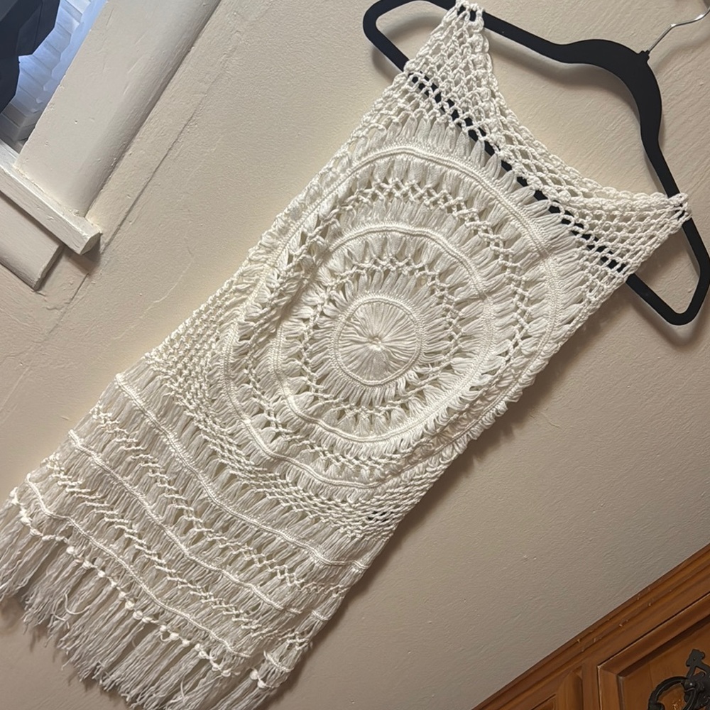Never Worn. White Crochet Fringe coverup